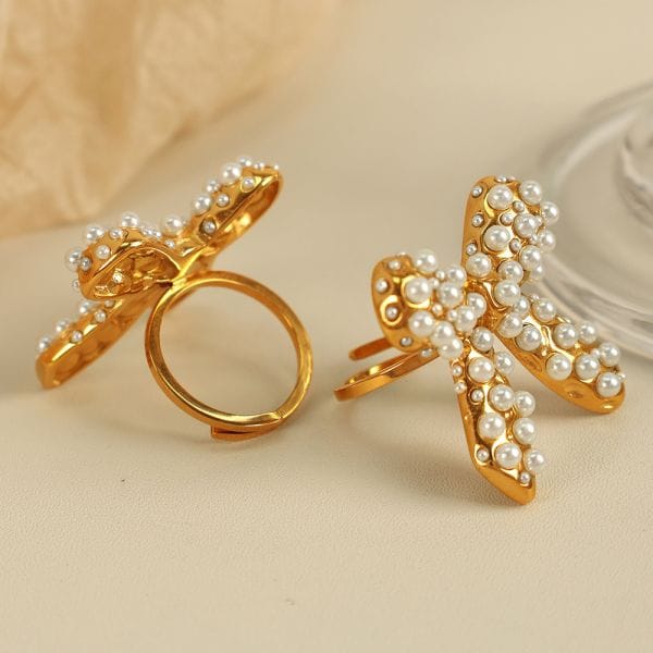 1 pair simple series retro bow knot stainless steel 18k gold color plated artificial pearl women's adjustable rings